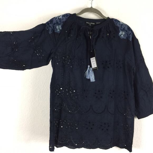 NWT Anthropologie Tolani Brenna Navy Embroidered Eyelet Blouse XS Cotton Boho - Picture 10 of 12